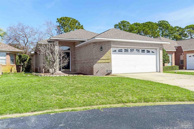 ranch-style house with brick siding, roof with shingles, concrete driveway, a garage, and a front lawn