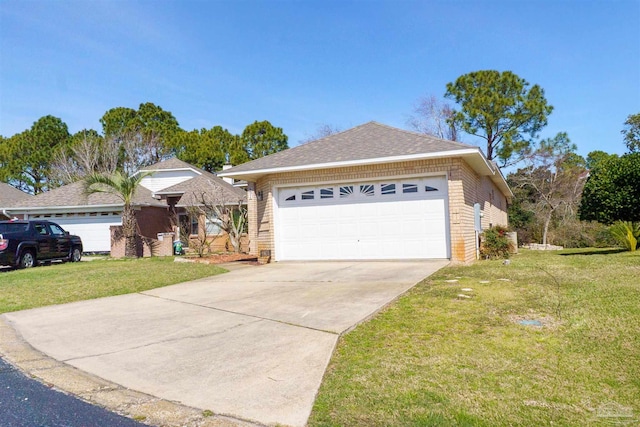 ranch-style house featuring an attached garage, brick siding, driveway, and a front lawn