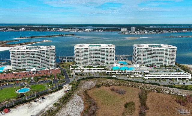 drone / aerial view with a water view