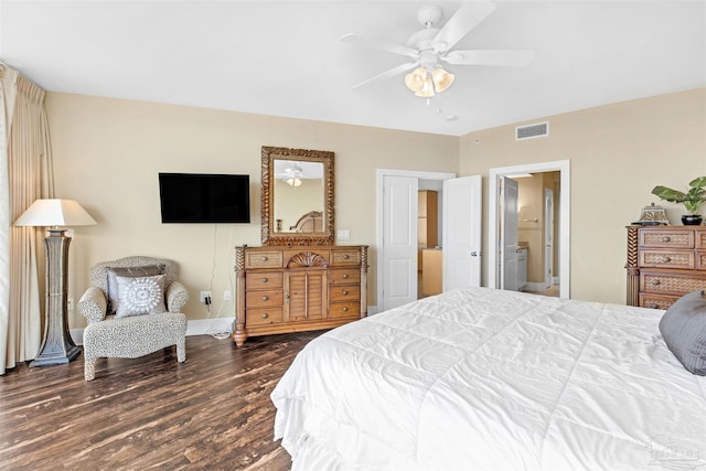 bedroom featuring ceiling fan, ensuite bathroom, and dark hardwood / wood-style floors