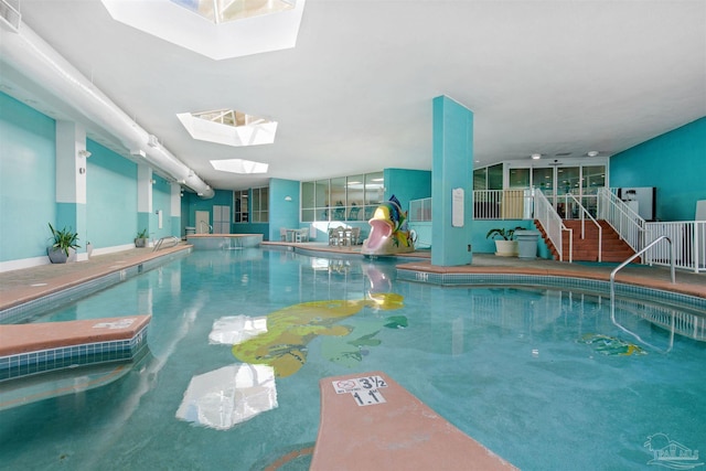 view of swimming pool featuring a skylight