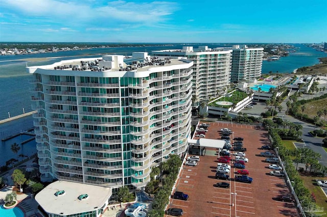 aerial view featuring a water view