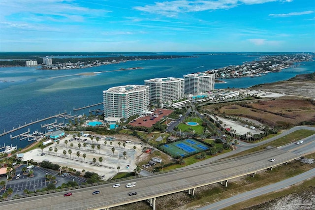 bird's eye view with a water view