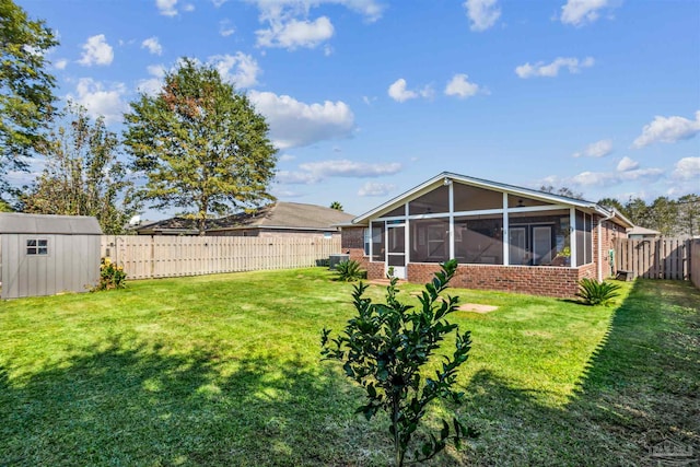 view of yard with a storage shed