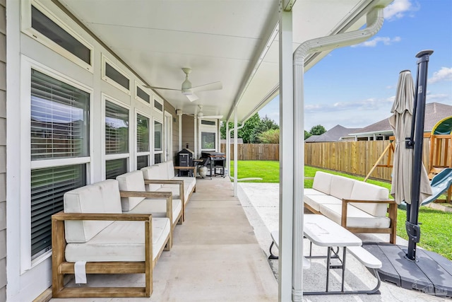 4121 Castle Gate Dr, Pace, FL 32571 - view of patio / terrace with outdoor lounge area, ceiling fan, and a grill