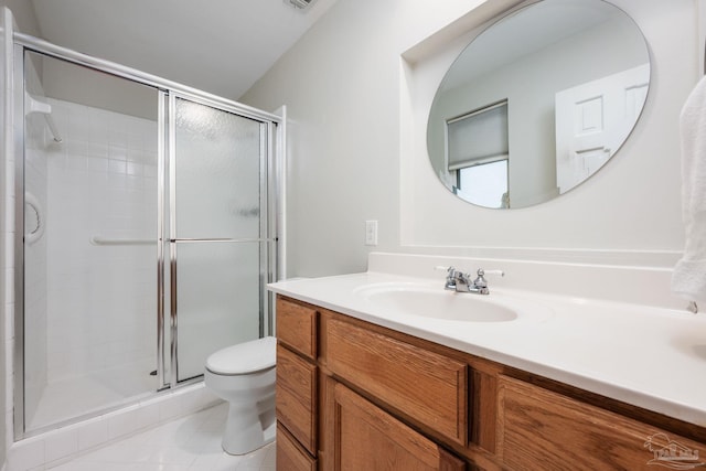 bathroom with tile patterned flooring, an enclosed shower, vanity, and toilet