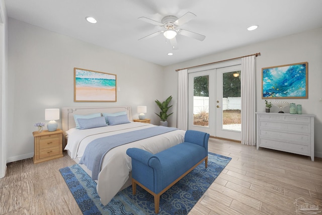 bedroom featuring ceiling fan, light hardwood / wood-style floors, french doors, and access to exterior