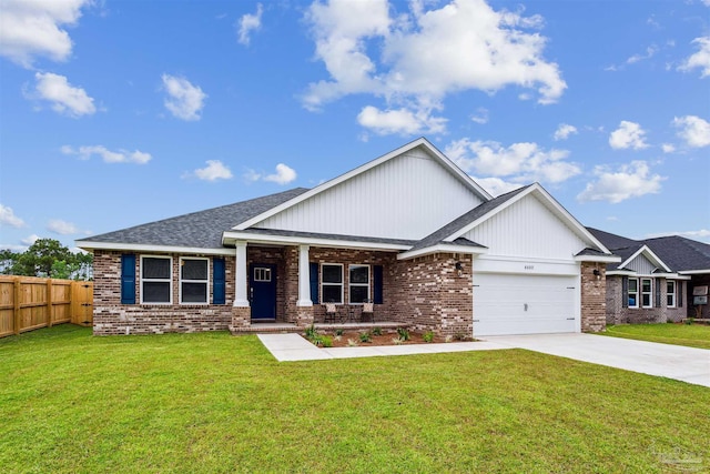 craftsman inspired home with a garage and a front yard