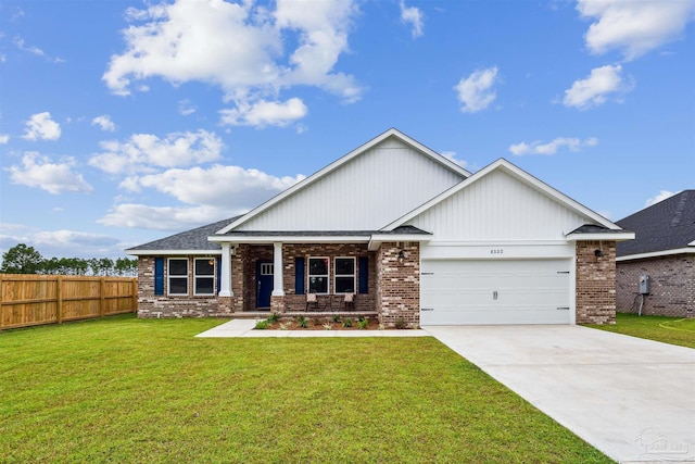 craftsman house with a front lawn, covered porch, and a garage