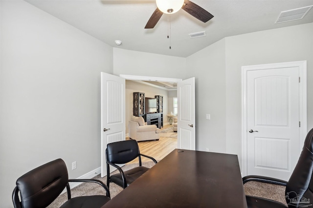 home office with ceiling fan and wood-type flooring