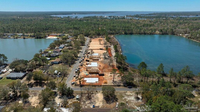 drone / aerial view with a view of trees and a water view