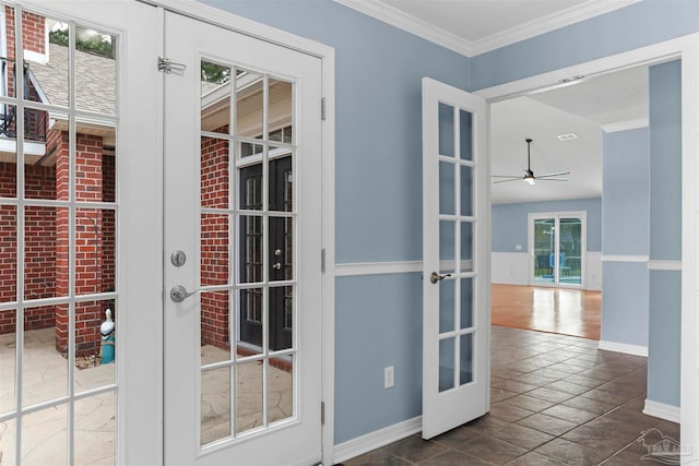 doorway to outside featuring ceiling fan, ornamental molding, a wealth of natural light, and french doors