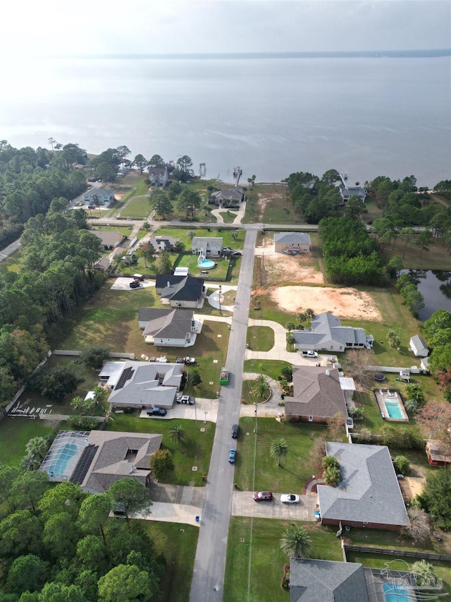 aerial view featuring a water view