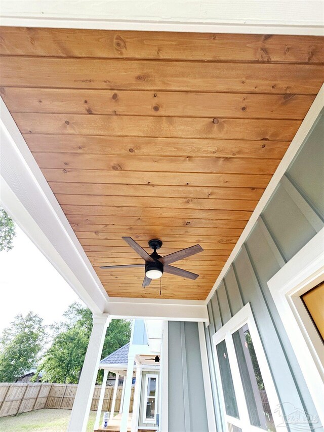 details with wood ceiling and ceiling fan