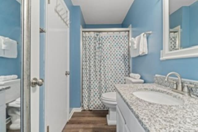 full bathroom with toilet, wood finished floors, vanity, and a shower with curtain