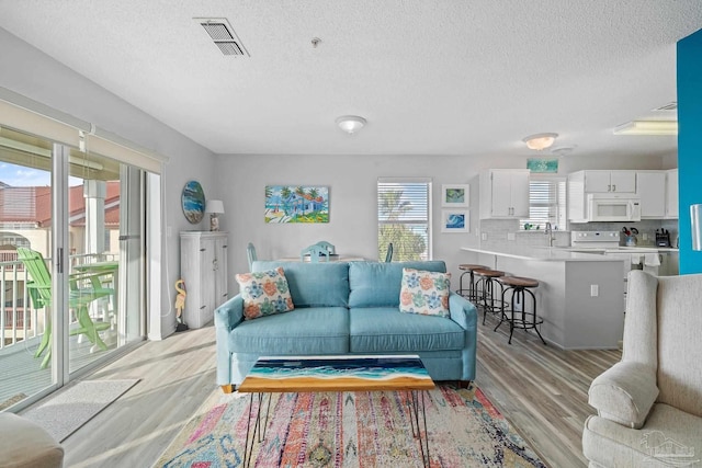 7464 Sunset Harbor Dr Unit 133, Navarre Beach, FL 32566 - living room featuring a textured ceiling and light wood-type flooring