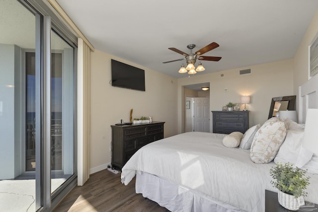 bedroom with ceiling fan, access to exterior, and dark hardwood / wood-style floors