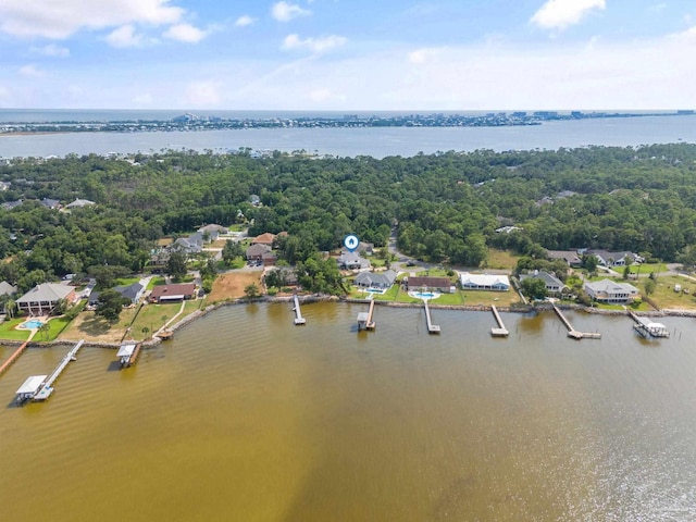 drone / aerial view with a water view