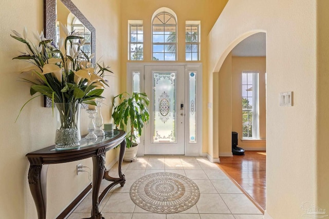 foyer with a towering ceiling and light hardwood / wood-style flooring