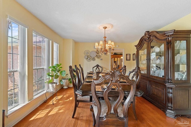 dining room with a textured ceiling, a chandelier, and wood-type flooring