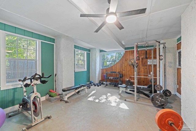 workout room featuring ceiling fan