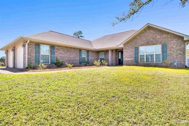 6459 E Quarry Dr, Elberta, AL 36530 - ranch-style home with brick siding, an attached garage, a front lawn, and roof with shingles
