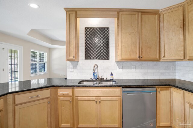 6459 E Quarry Dr, Elberta, AL 36530 - kitchen featuring stainless steel dishwasher, a sink, light brown cabinets, and decorative backsplash