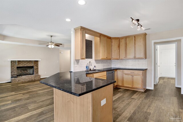 6459 E Quarry Dr, Elberta, AL 36530 - kitchen featuring a sink, light brown cabinetry, dark wood-style floors, decorative backsplash, and recessed lighting