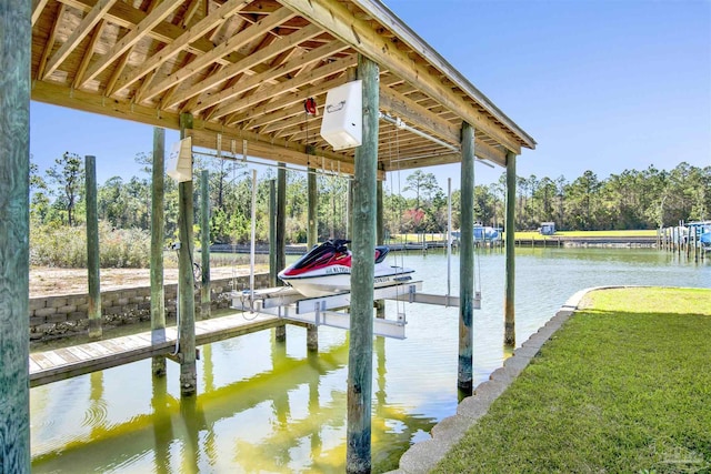 6459 E Quarry Dr, Elberta, AL 36530 - dock with boat lift, a water view, and view of wooded area