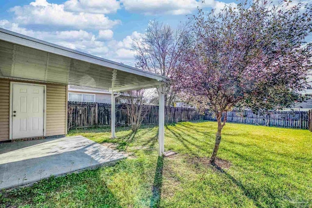 view of yard with a fenced backyard and a patio