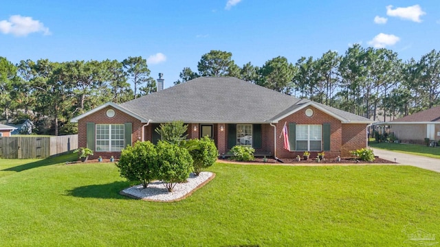 ranch-style home with brick siding, fence, a chimney, and a front lawn