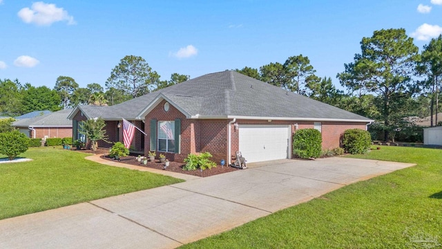 single story home with a garage, concrete driveway, brick siding, and a front lawn