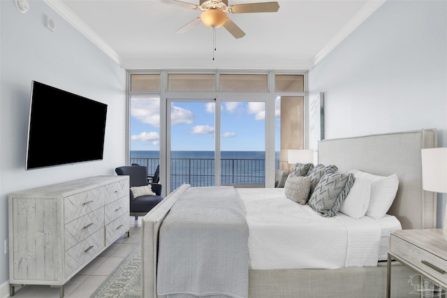 26688 Perdido Beach Blvd Unit 1605, Orange Beach, AL 36561 - bedroom featuring crown molding, access to outside, light tile patterned floors, and ceiling fan