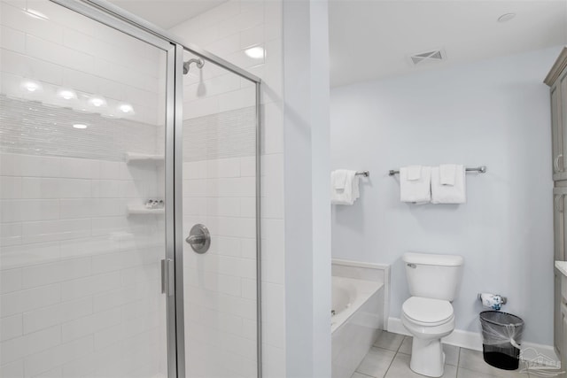 26688 Perdido Beach Blvd Unit 1605, Orange Beach, AL 36561 - bathroom with a bath, tile patterned flooring, toilet, and a shower stall