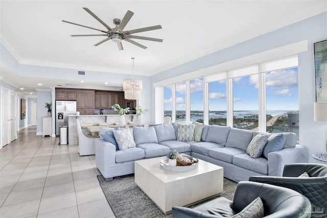 26688 Perdido Beach Blvd Unit 1605, Orange Beach, AL 36561 - living room with ornamental molding, light tile patterned floors, a water view, ceiling fan, and recessed lighting