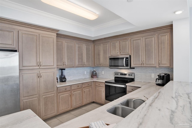 26688 Perdido Beach Blvd Unit 1605, Orange Beach, AL 36561 - kitchen featuring stainless steel appliances, a sink, light stone countertops, tasteful backsplash, and light tile patterned flooring