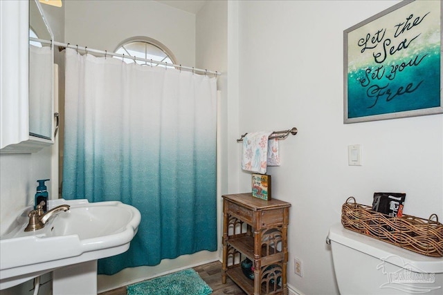 full bathroom featuring shower / tub combo, wood-type flooring, toilet, and sink