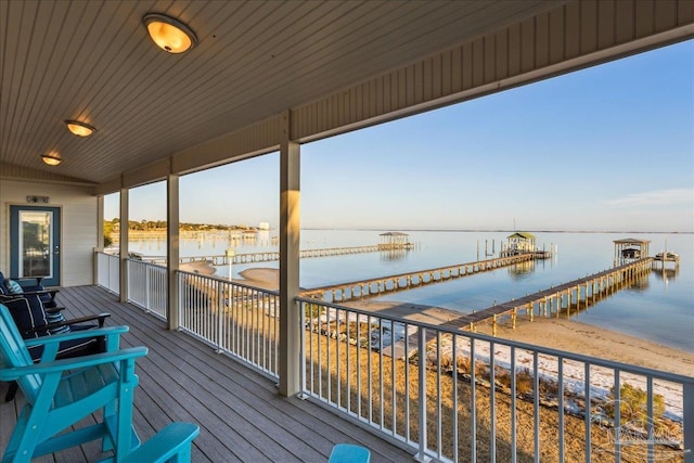 deck featuring a water view