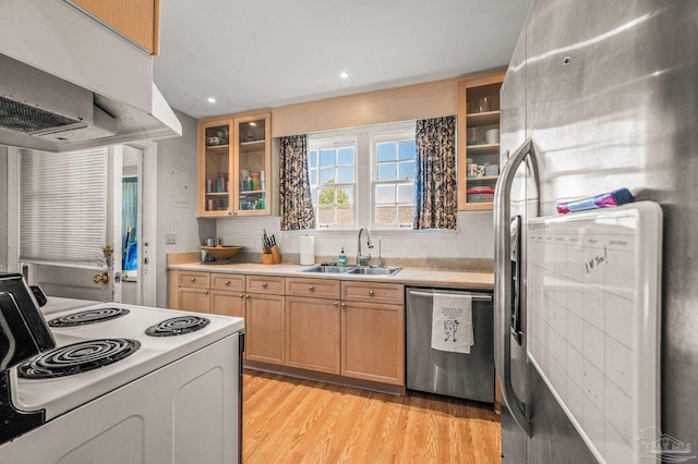 kitchen with light countertops, light wood-type flooring, stainless steel appliances, under cabinet range hood, and a sink