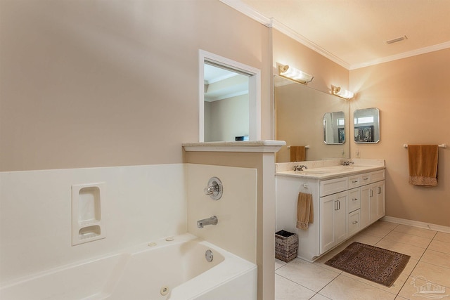 1424 Champions Green Dr, Gulf Breeze, FL 32563 - full bathroom with a sink, crown molding, double vanity, tile patterned floors, and a garden tub