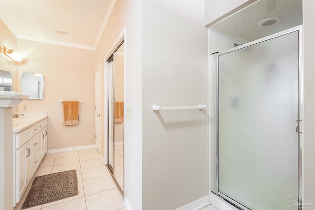 1424 Champions Green Dr, Gulf Breeze, FL 32563 - full bathroom featuring crown molding, vanity, tile patterned flooring, and a stall shower