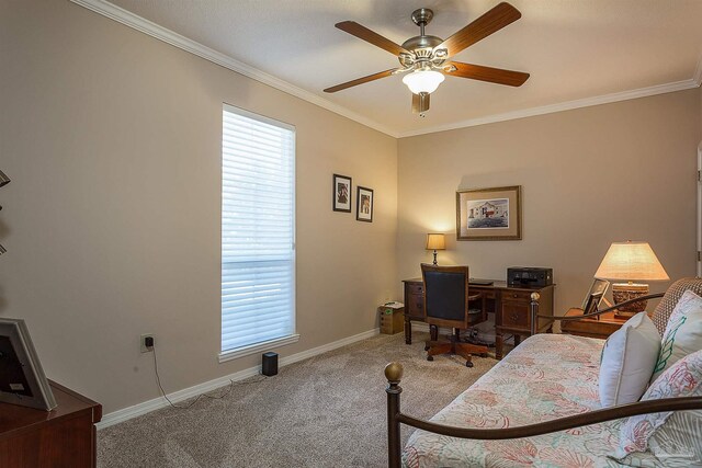 1424 Champions Green Dr, Gulf Breeze, FL 32563 - office area featuring crown molding, a healthy amount of sunlight, a ceiling fan, and carpet floors