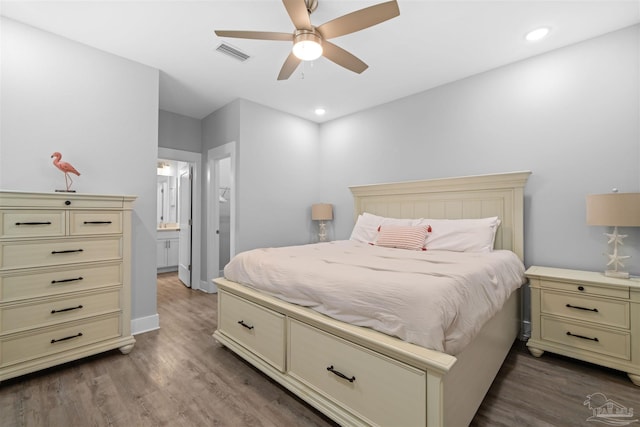 1121 W Romana St, Pensacola, FL 32502 - bedroom featuring dark wood-style floors, ensuite bath, recessed lighting, and ceiling fan