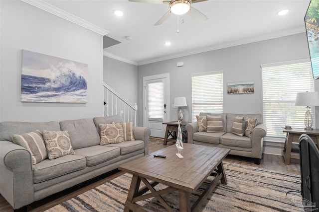 1121 W Romana St, Pensacola, FL 32502 - living area featuring stairs, wood finished floors, a ceiling fan, crown molding, and recessed lighting