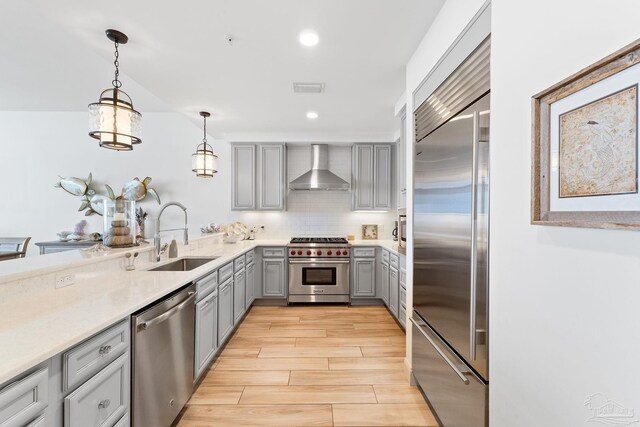 kitchen featuring pendant lighting, wall chimney range hood, sink, gray cabinets, and high quality appliances