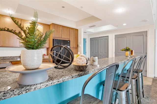 kitchen with a raised ceiling and stone countertops