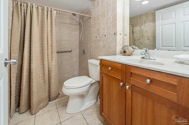 full bath featuring tile walls, toilet, a tile shower, vanity, and tile patterned floors