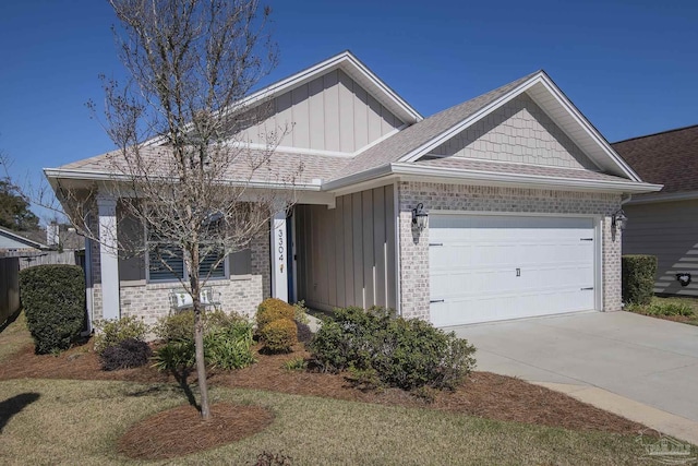 view of front of home featuring concrete driveway, brick siding, an attached garage, and roof with shingles