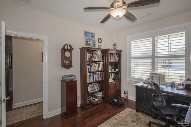 home office featuring dark wood-style floors, visible vents, ceiling fan, and baseboards