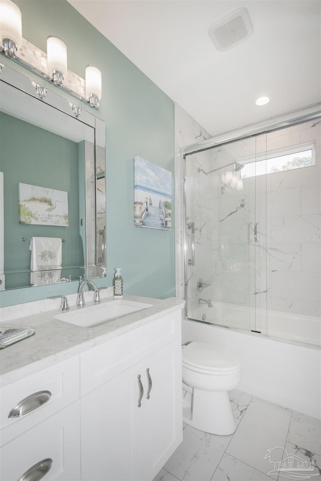 bathroom with toilet, shower / bath combination with glass door, visible vents, vanity, and marble finish floor